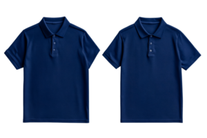 Two navy blue polo shirts mock up, front and back view, cut out transparent png