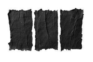 Dark paper scraps of three sizes, rough texture, on black background, cut out transparent png