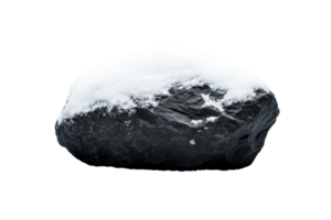 Rock covered in snow, isolated on black, cut out transparent png
