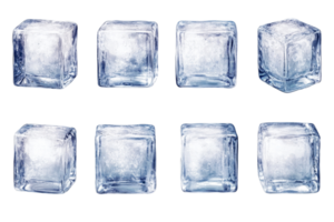 Cold ice cubes arranged evenly on a black backdrop, cut out transparent png