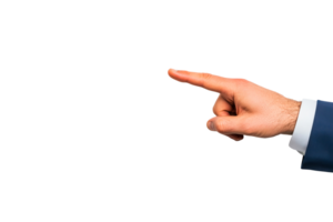 Derecha mano en un traje señalando a el izquierda dirección, cortar fuera transparente png