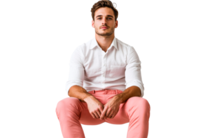 Man portrait with folded arms on knees, looking at camera, cut out transparent png
