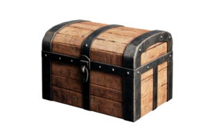 Old wooden chest with metal trim, vintage look, 3D render, cut out transparent png