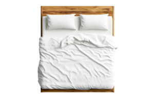 Bed with pillows and blanket, top view, isolated, cut out transparent png