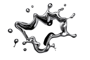 Chrome liquid splash rendering with bubbles on black background, cut out transparent png