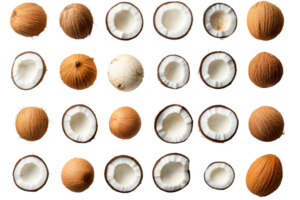 Coconuts arranged in rows, whole and halved, cut out transparent png