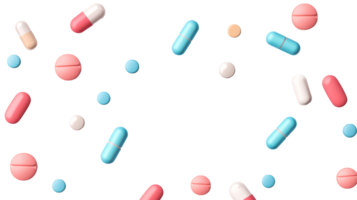 Scattered assortment of pills, tablets, capsules, and medicines, cut out transparent png
