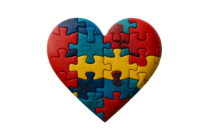 Heart assembled from colorful wooden puzzle pieces, cut out transparent png