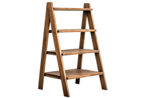 Wooden ladder shelving unit, rustic design, empty shelves, cutout transparent png