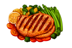 Grilled chicken with asparagus, broccoli, orange, tomatoes, cut out transparent png