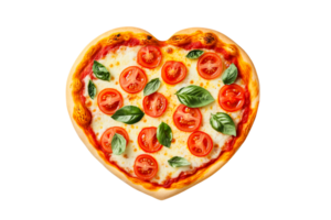 Heart shaped pizza with tomatoes and basil, cut out transparent png