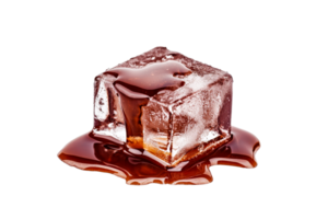 Ice cube with flowing caramel, refreshing texture, cutout transparent png