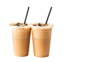 Iced coffee with beans and straws in clear cups, cut out transparent png