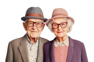 Charming elderly couple in hats, isolated portrait, studio, cut out transparent png