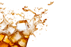 Refreshing splashing brown drink with ice cubes, cut out transparent png