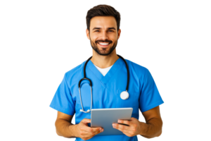 Smiling man doctor posing with tablet, cut out transparent png