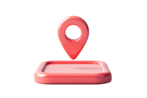 Glossy red location pin hovering over square base, cut out transparent png
