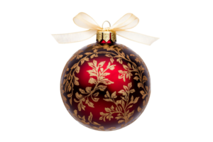 Red patterned bauble with gold ribbon, cut out transparent png