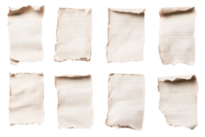 Torn paper sheets with text, isolated on black background, cut out transparent png