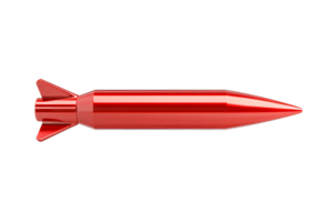 Red rocket projectile with wings on black background, cut out transparent png