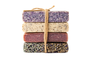 Stack of handmade soap bars tied with twine, cut out transparent png