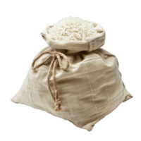 A burlap sack full of uncooked white rice grains tied with a rope png