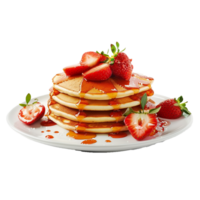Delicious Stack of Buttermilk Pancakes Topped with Fresh Strawberries and Drizzled Maple Syrup png