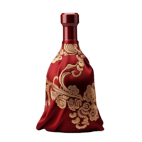 Elegant Red Wine Bottle with Gold Embroidery Design in Luxurious Satin Fabric png