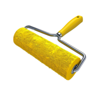 A 3D rendering of a yellow paint roller with a metallic frame and yellow handle png