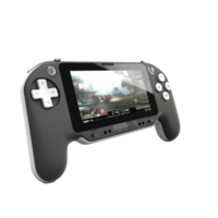 Sleek Gray Handheld Gaming Console with Vibrant Display and Intuitive Controls png