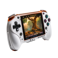A Stunning HighResolution Image of a RetroStyle Handheld Gaming Console Displaying a Fantasy Landscape png