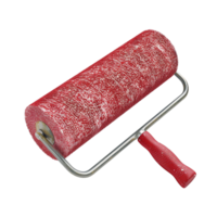 Red paint roller with textured surface and metallic handle, used for painting walls and other surfaces png