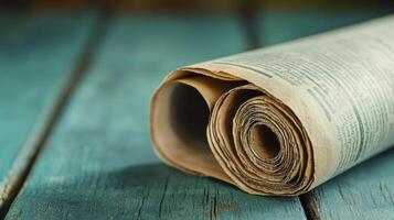 Aged Paper Document Rolled On Teal Wooden Surface photo