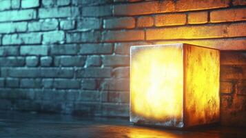 Glowing Orange Block Against Teal Brick Wall Backgrounds And Concrete photo