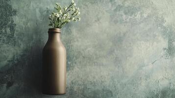 White Flowers In Brown Bottle Against Teal Textured Backgrounds For photo