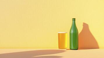 Green Beer Bottle and Glass on Yellow Textured Background photo