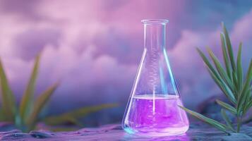 Glowing Purple Liquid In Flask On Rocky Surface With Plants And photo