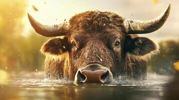 Brown Bull In Water At Sunset Golden Light, Close Up Portrait. A photo