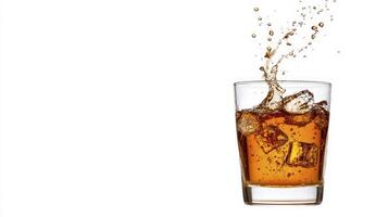 Amber Liquid Splashing in Rocks Glass with Ice on White Background photo