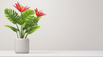 Red Flowers And Green Leaves In White Pot Minimalist Home Decor For photo