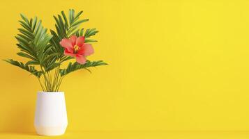 Red Hibiscus Flower And Green Leaves In White Pot Against Yellow photo
