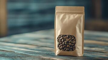 Roasted Coffee Beans In Brown Paper Bag On Rustic Wooden Table photo