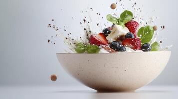 Creamy Yogurt With Berries And Chocolate In Beige Bowl photo
