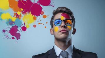 Colorful Paint Splatter Portrait Of A Young Professional Man In Suit photo