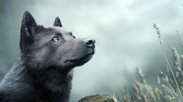 Pointillist Wolf Portrait Against an Overcast Sky photo