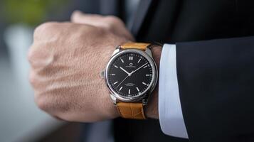 Close up Of Man's Wrist Wearing Classic Black Faced Wristwatch With photo