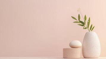 Minimalist Still Life White Vase With Green Foliage And Smooth Stone photo
