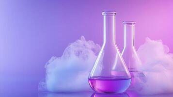 Purple Liquid in Glass Flasks with Dry Ice Vapor on Pink and Purple photo