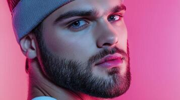 Close Up Portrait Of A Young Man With Beard And Headband Against Pink photo