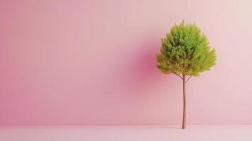 Low Poly Green Tree Against Pastel Pink Background photo
